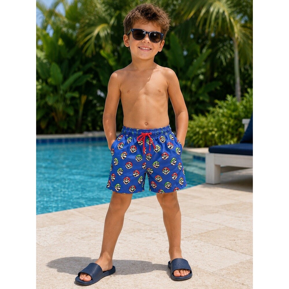 Boys Super Mario Luigi Swim Trunks Blue Nintendo Character Swim Shorts Beachwear